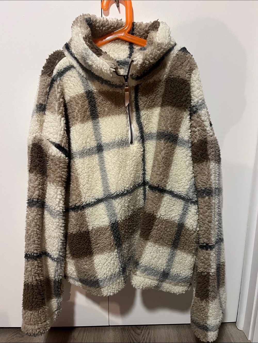 Thread & Supply Cream and Brown Plaid Teddy Half-Zip Jacket
